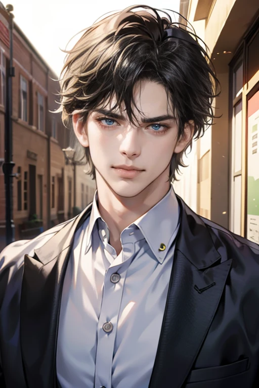 (tmasterpiece, high resolution, ultra - detailed:1.0), (1male, masculine face), Perfect male body, tall and strong, Adult male, 34 years, Delicate eyes and delicate face, Extremely detailed CG, Unity 8k wallpaper, Complicated details, Detailed face, (black hair, messy hair, serious faces, white shirts,Bad students), (frown,evil smile:1.3), stad in school corridor, street style, color difference, Depth of field, dramatic shadow, Ray tracing, Best quality, Cinematic lighting, offcial art,Portrait