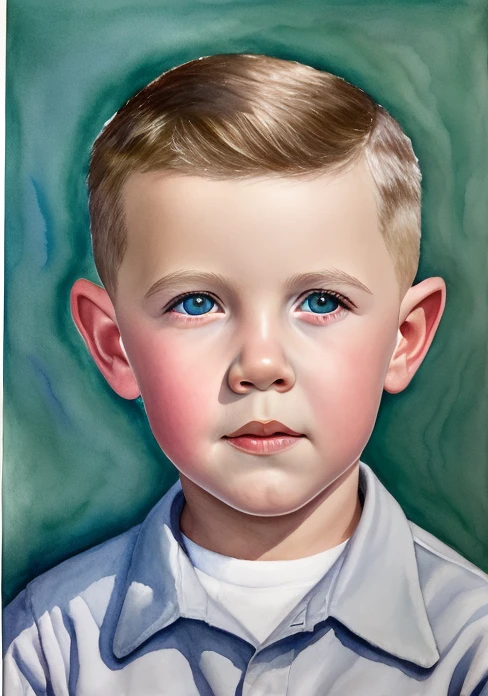 Portrait of a cute boy, 5-6 years old, ashy gray hair, short haircut, large dark green eyes, plump bow lips, light yellow jumpsuit, realism, watercolor, 4K, High detail