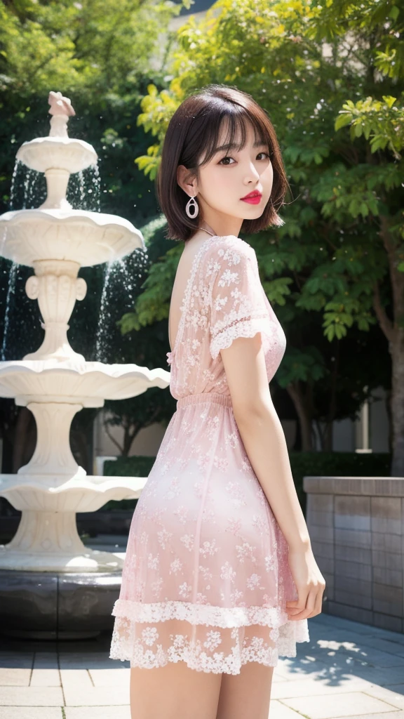 (8k, Photorealistic, Raw photo, Highest quality: 1.4),Japanese idol-style beautiful girl,1 person,18-year-old,Hairstyle(Very Short Bob,Black),Hang your hair over your ears,Put pearl earrings in your ears,Big, clear grey eyes,Long eyelashes,Plump Cheeks,She has pale pink lipstick on her lips.,Apply gloss over your lipstick for glossy, plump lips,A short pendant is hanging around her neck,Thin and delicate shoulders,Pale pink nail polish on the nails of both hands,Thin waist,Layered dress(The front is made of white lace for a sheer look. :1.4,No sleeve,Floral,The back is light pink)Wearing,Wearing sandals,Standing with a park fountain in the background,Grab your skirt with both hands, lift it up a little, bend your knees a little, and pose with your legs crossed.,Full body portrait