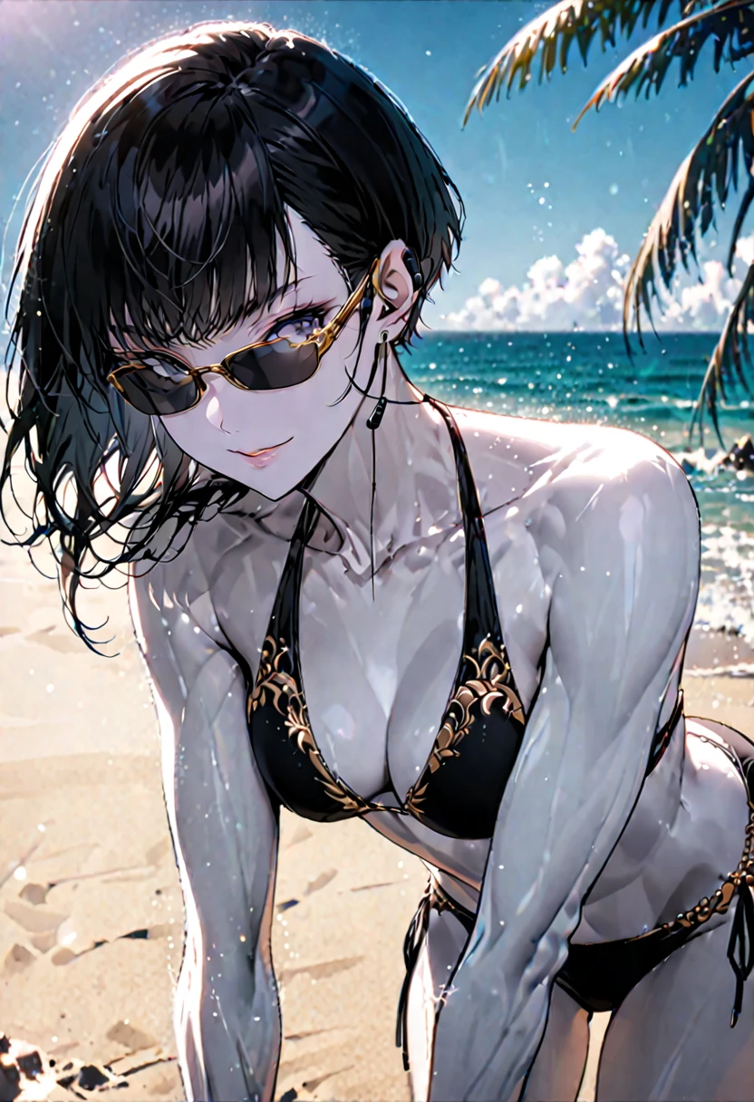 solo, female, tall, elegant, sunglasses, bodyguard, broad shoulders, pixie cut, black hair, pale skin, athletic, very tall, sober bikini, black clothes, small smile, medium shot, luxurious beach, classy, professional, earpiece, muscular, cute pose