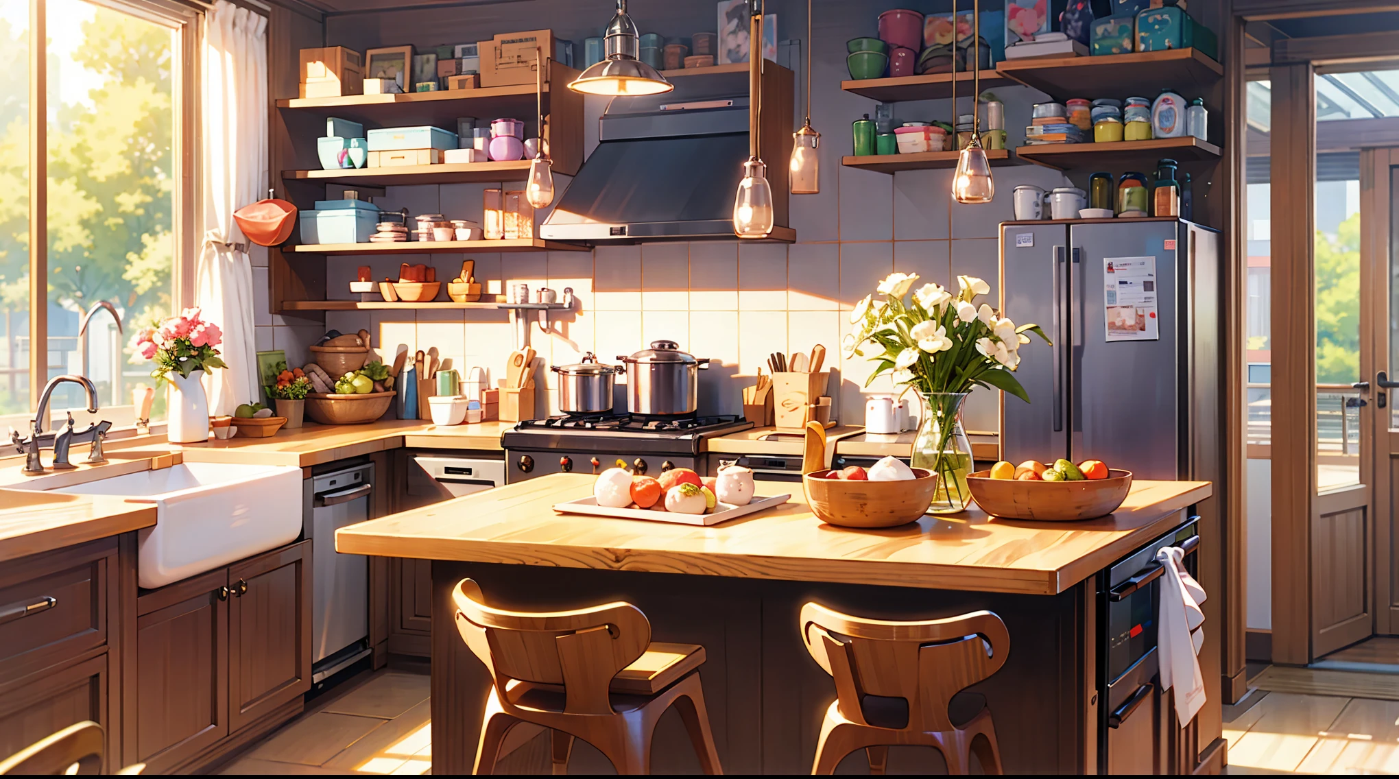 masterpiece,best quality,official art,extremely detailed CG unity 8k wallpaper,outdoors, animal, kitchen,vase,Sunlight,studio ghibli,Warmth