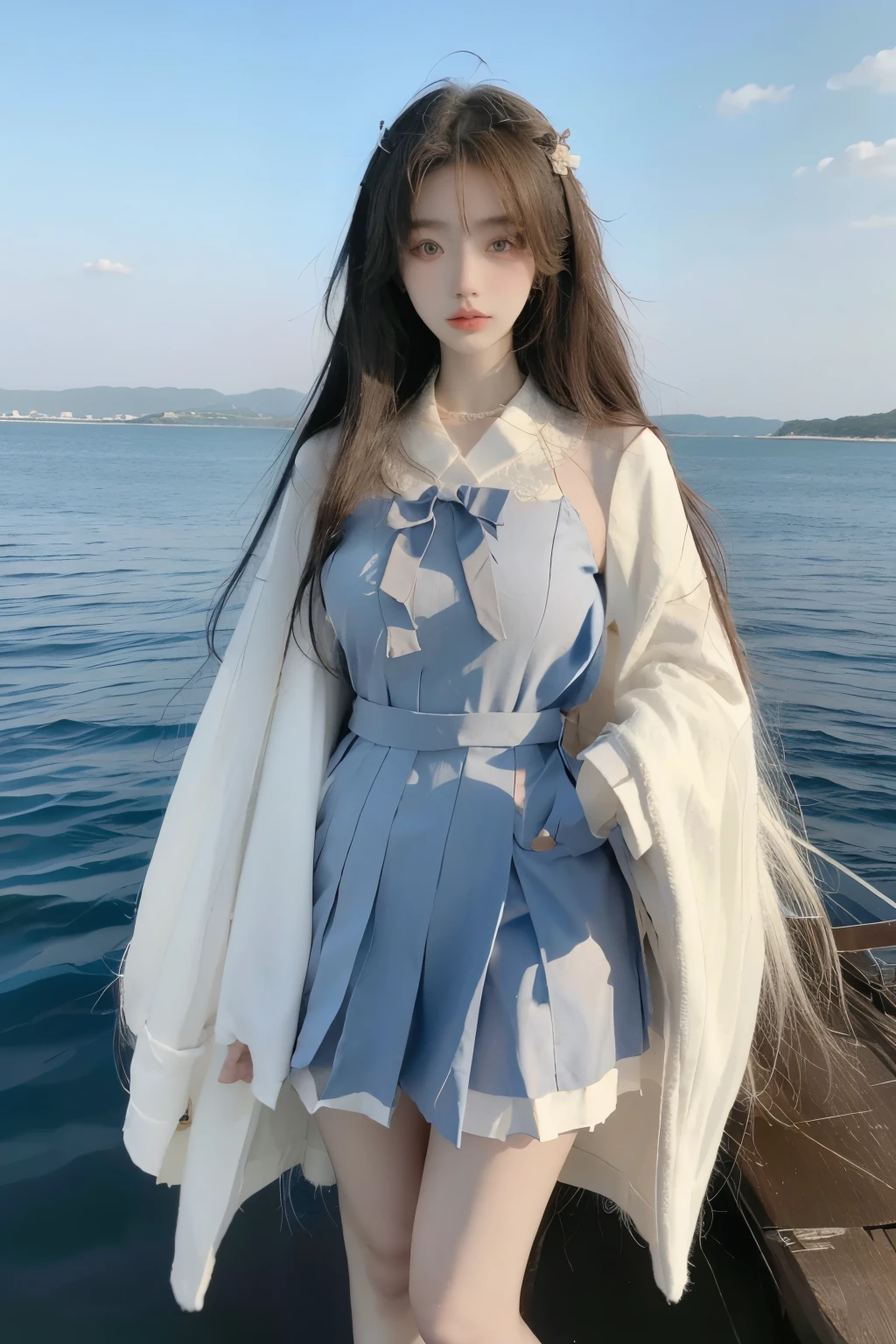 Beautiful woman with perfect body:1.4,Layered Hairstyle,Highly detailed face and skin textures,Double eyelids,Skin Whitening,Long hair,Whitened long legs,(Japanese girls high school uniform,Collar),Standing by the sea,Half-length photo