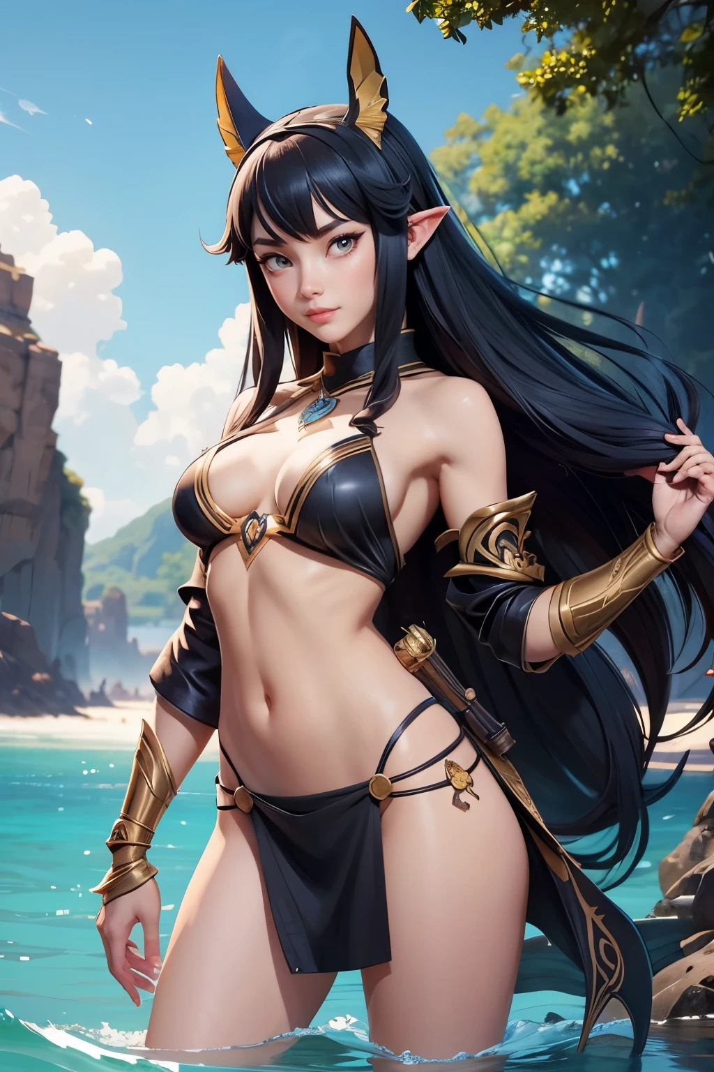 a young girl in a bikini and headdress standing in a body of water, anime goddess, small breasts, anubis, jackle ears,  black clothes, loincloth, seductive pose, krenz cushart and artgerm, alphonse mucha and rossdraws, official art, extremely detailed artgerm, official character art, knights of zodiac girl, boho chic | | very anime!!!, cushart krenz key art feminine, official anime artwork