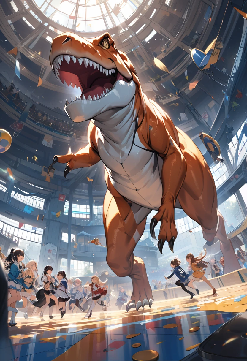 (Ultra high-res masterpiece), A dynamic angle captures five T-Rex-costumed tween girls in race at japanese playground, each detail of their intricate costumes vividly rendered. The girls' faces are exquisitely depicted, showcasing the joys of competition and the pure essence of childhood while the detailed T-Rex costumes add a whimsical and imaginative touch. The scene is a testament to the best quality of artistry and captures a fleeting moment of playtime in all its dynamic glory.