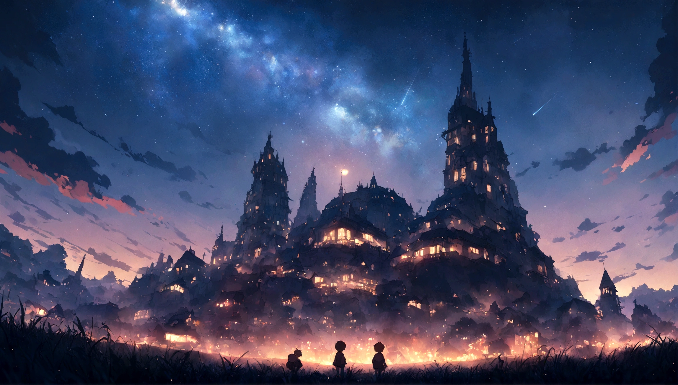City of night、The sky is wonderful、meteor、3 year old little boy sitting on top of a building、Brown Hair、Back view、The city is bright with streetlights、Landscape Main、highest quality、Anime Scenery、Xin Haichen、building、Field、Milky Way 110207, distant 3 year old little boy staring at the performer,(Zoom out:1.1),(meteor:1.2)、(comet:1.1,yourname、Low Angle、From behind、Alola、shooting star、cherry blossoms、Standing in the Field、highest quality、masterpiece、cloud、colorful、Starry Sky、performer、