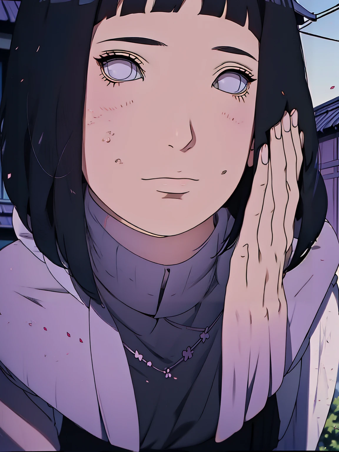 { - anatomy error} (Masterpiece - Ultra-detailed, very high resolution) Meisterwerk, absurdres, Hinata\(Boruto\), 1girls, nur,reifes Weibchen, lila Kapuzenpullover,layered sleeves, braune Hose, al fresco,Lavendelblütenfeld, Blick auf den Betrachter, (falling petals), overcast sky, Perfekte Komposition, Detaillierte Lippen, large chest, Beautiful face, Body Propotion, flush, (rosa Lippen), (black hair) Lange Haare, lila Augen, Sanfter Blick, sad smile, Super realistisch, Detailliert, Fotoshooting, Realistic face and body, Realistisches Haar, Realistische Augen, realistische Nase, Realistische Lippen, backwards, looking back