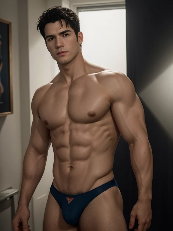 Henry Cavill as Superman ((Best Quality, 8K, ultra-detailed, Masterpiece: 1.3)), 1boy, shiny skin, sharp, Perfect Body Beauty, realistic shaded perfect body, The image is primarily composed of white, black, and royal blue colors. The artwork is created with abstract shapes and lines, resembling brush strokes. It has a poster art feel to it. The main focus of the scene is superman muscular body. Wearing only micro thong, The lighting and shadows play a crucial role in enhancing the mood of the artwork. The style of the image is influenced by the works of Malcolm Liepke, known for his dynamic and expressive paintings. Depict the model partially concealed by a sheer fabric or drapery, leaving much to the viewer's imagination. Use subtle details to hint at hidden desires. symbolic elements that convey a deeper meaning or narrative