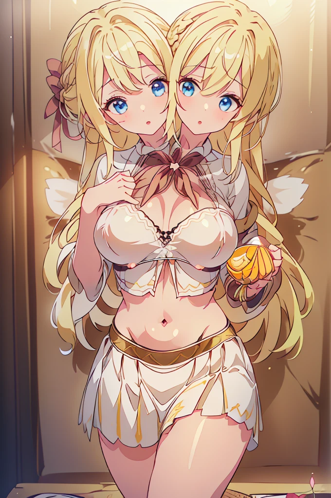 (masterpiece, best quality),best quality, best resolution, (ultra-detailed), (3heads:1.5), 1girl, (lily white:1.3), masterpiece, best quality, ultra quality, ultra resolution, ultra detail, white top, crop top, ((stomach)), midriff, ((groin)), white skirt, normal ears, shackles, yellow hair, very long hair, wavy hair, sidelocks, blue eyes, very detailed eyes, very beautiful eyes, parted lips, sweat, cute, open belly, toned belly, hand on own chest, eyelashes, (23 year old woman:1.3), (masterpiece:1.5), (best quality:1.5), (beautiful detailed), extremely detailed CG, extremely delicate and beautiful, depth of field, (finely detailed face), (perfect details:1.2), (mature female:1.3), wide pelvis, slender, large veiny breast, 16k resolution, highres, high quality, high definition, extremely detailed, masterpiece, yellow hair, long hair, alluring presence, braid, short skirt, close up, very big tits, huge tits, young, exposed midriff,