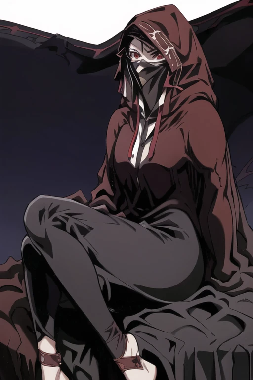 No name assassin, red eyes, cloak, robe, long skirt, mask, hood, cape, sitting, best quality, masterpiece,