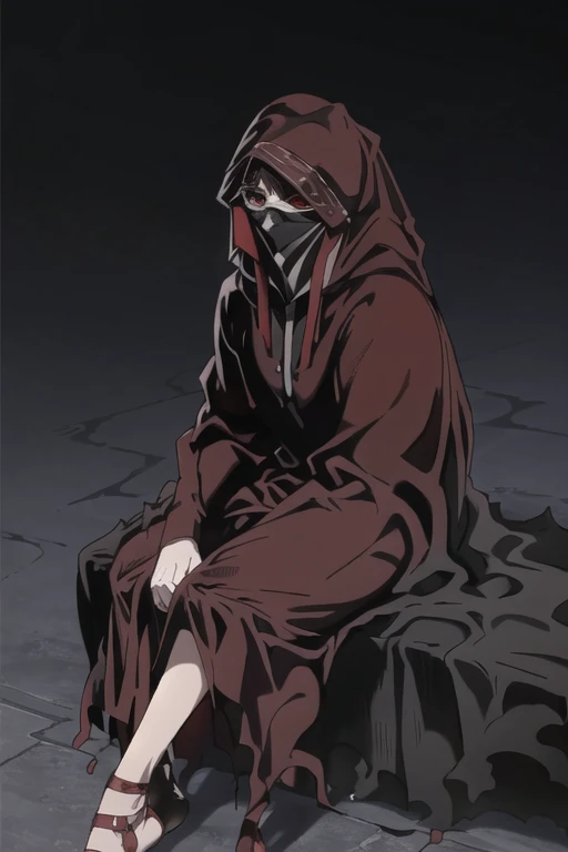 No name assassin, red eyes, cloak, robe, long skirt, mask, hood, cape, sitting, best quality, masterpiece, 