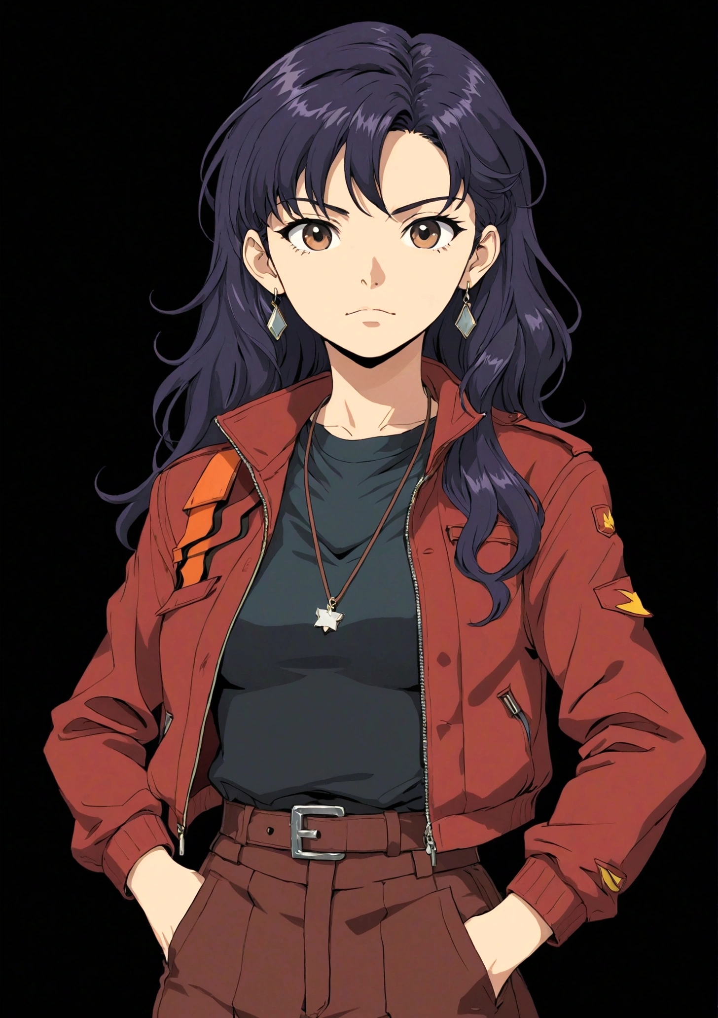 1 Girl,belt,black background,十字架necklace,earrings,Akimbo,jacket,Jewelry,katsuragi misato,Long hair,necklace,Transparent Background
