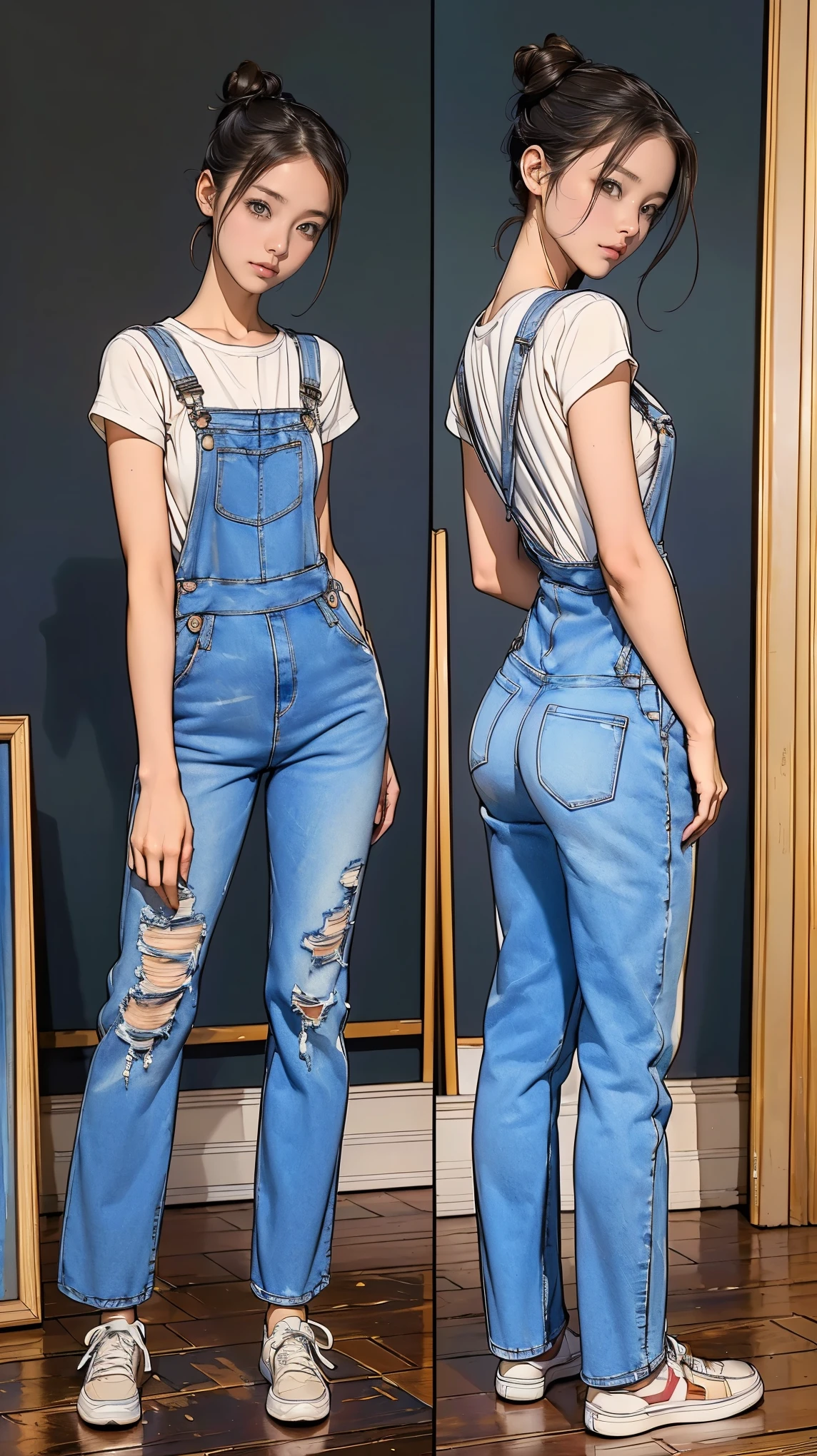 ((masterpiece)),(((highest quality))),((Reference Sheet, Character Design, front, return, ~ ~ side, Mr..々Hairstyle, Mr..々Performance, Facial Expressions)), 14-year-old girl, Cute type,  (Very slim:1.4),  (Very small ass:1.4), Realistic buttocks, Big Breasts, Short Bob, Thin thighs, Long legs, It's not a big deal, ((Beautiful artist in jeans overalls、After painting on a large canvas、Relax in the art studio。, sneakers,  19th century Parisian artists, Messy hair bun)), ((Browsing Caution:1.0))