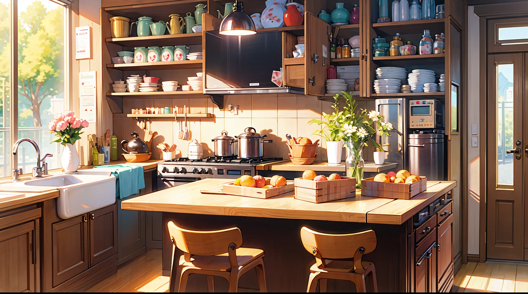 masterpiece,best quality,official art,extremely detailed CG unity 8k wallpaper,outdoors, animal, kitchen,vase,Sunlight,studio ghibli,Warmth