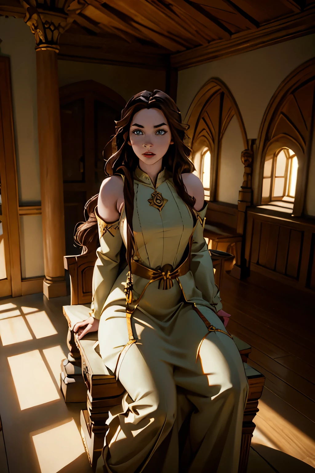 solo, medieval character concept art, ((masterpiece)),((high resolution)),((best quality)), extremely fine and beautiful, super fine illustration, (realistic skin), (insanely detailed anime eyes), mature, lone woman, vivid and beautiful, shocking sensation, incredibly detailed, beautiful detailed girl, sultry, (medium supple breasts:1.0), front view, facing at viewer, (long cotton dress:1.0), ((brown hair)), virgin destroyer dress, (very long braided hair), (plump thighs:0.6), (wide hips:0.6), movie lighting, weighted shadows, weighted hair, realistic physics, perfect shadow, realistic lighting shaded, medieval throne room scenery