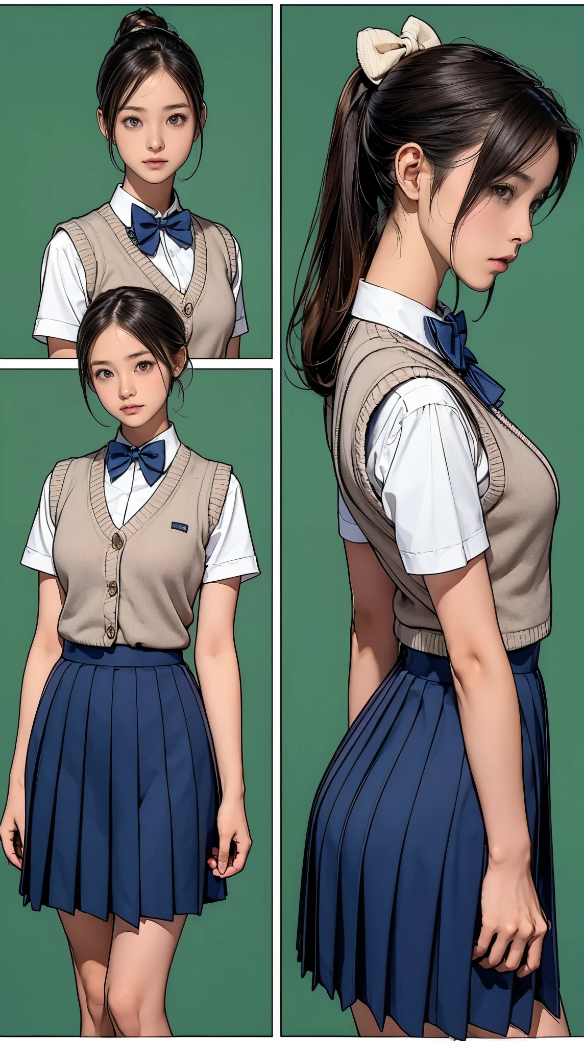 ((masterpiece)),(((highest quality))),((Reference Sheet, Character Design, front, return, ~ ~ side, Mr..々Hairstyle, Mr..々Performance, Facial Expressions)), 14-year-old girl, Cute type, (Very slim:1.4), (Very small ass:1.4), Realistic buttocks, Big Breasts, Short Bob, Thin thighs, Long legs, It's not a big deal, ((High quality fabric, Brown knitted vest, Short sleeve white collar shirt, Navy Pleated Skirt, Navy bow tie)), ((Browsing Caution:1.0))