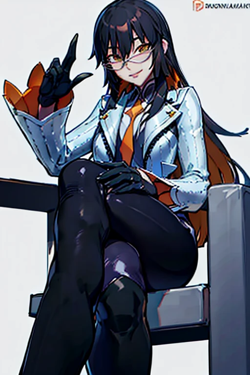 countess Daraku, long hair, glasses, gloves, pants, smile, legs cross, boots, sitting 