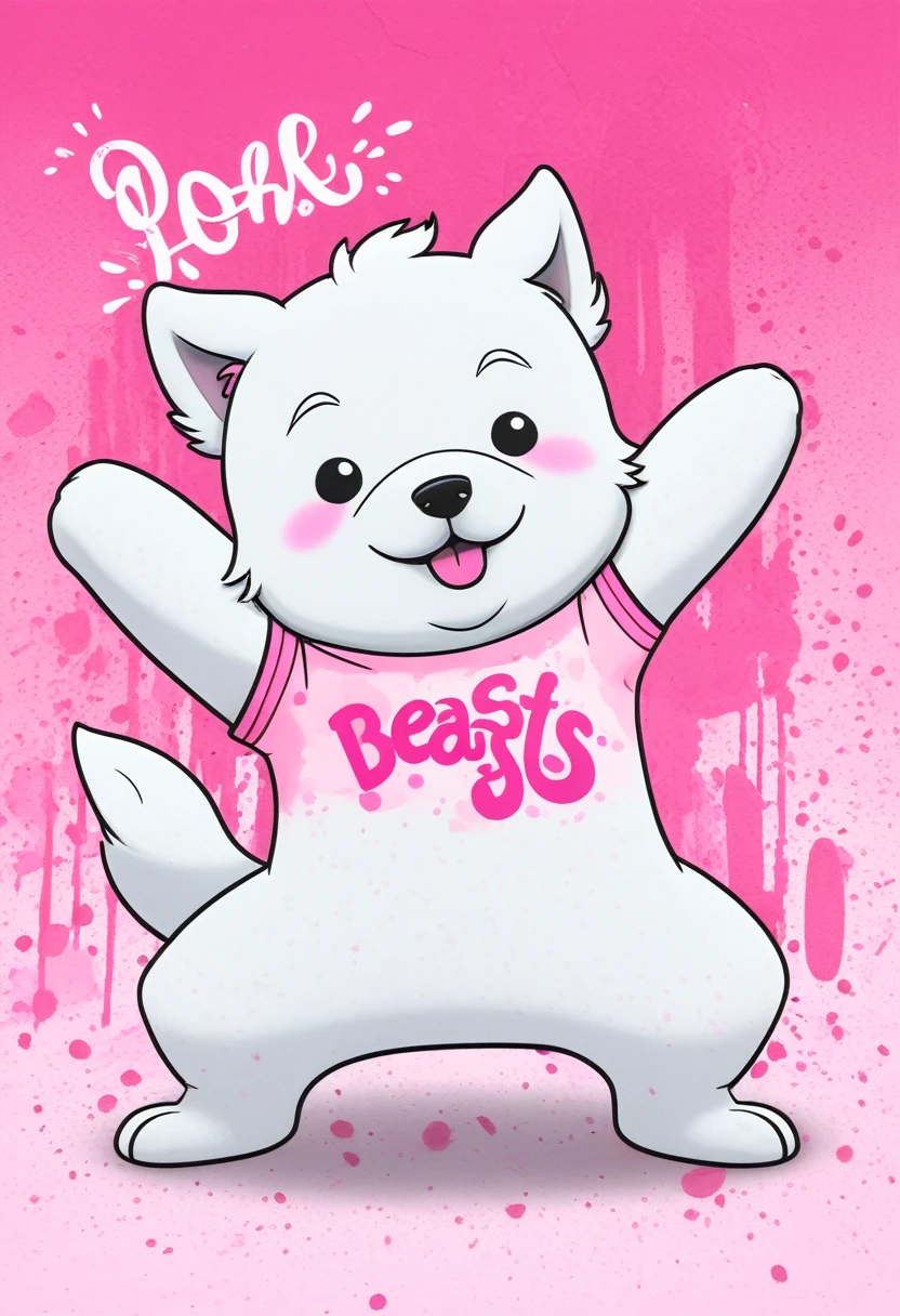 There is a white dog,It has pink letters on it, beast, Kawaii cute puppy, Brushedy body, Graffiti, Brushedly!!!, Brushedy!!!, cute cartoon, Brushedy Brushedy fur, this, bbw sauce, soft and Brushedy, Cute playful poses of dancers, Brushed, Shikami, soft silhouette, Bubbly, Brushedy''