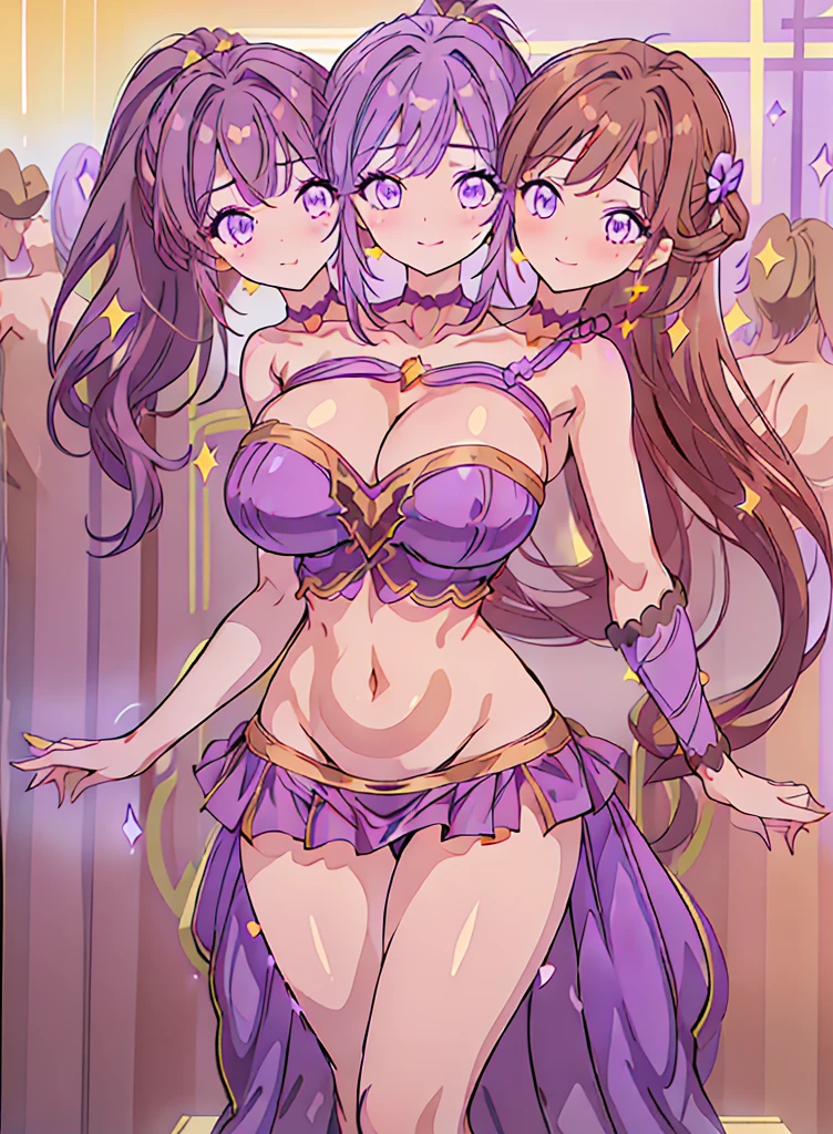 (16K), ((three headed woman)), smiling, highres, masterpiece, ((brown hair)), cleavage, large breasts, ((purple dress:1.5)), lustrous and smooth skin, (mature woman), seductive silhouette, casual crop top, sexy proportions, Beautiful girl with accentuated slender abs, seductive woman, ((party background)), necklace, purple miniskirt, miniskirt, open belly, exposed midriff, strapless, sleeveless, yellow eyes, beautiful eyes, ((long bushy ponytail)), ((gala)), cowboy shots, very big tits, huge tits, open belly,