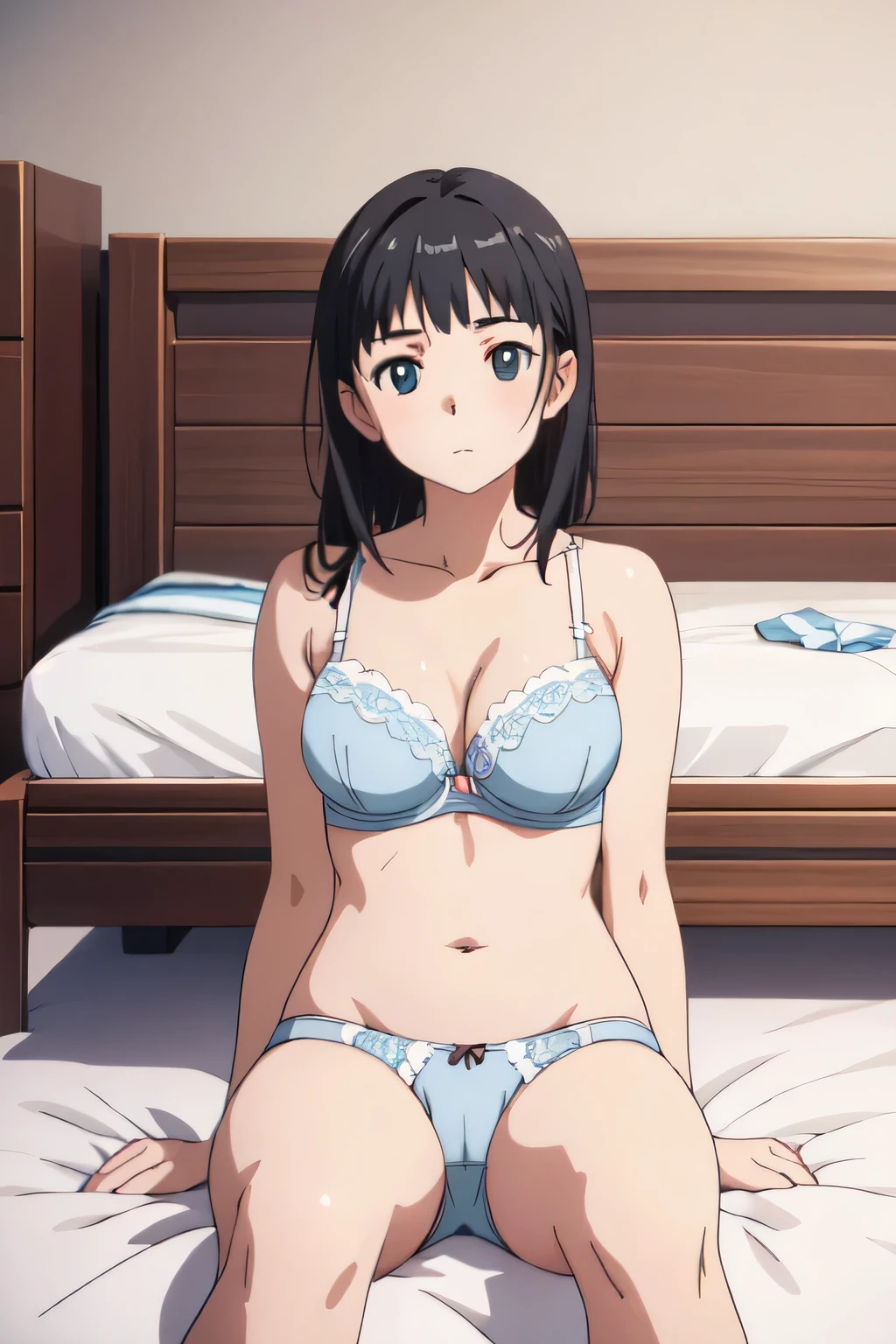 Very detailedな, Very detailed, 8k, A hyper-realistic portrait of Naoha Kirigaya, beautiful girl,  Sit on the bed with your knees up, Spread your legs, Luminous effect, Detailed white bra and panties, whole body,Super detailed,Very high quality, Embarrassing