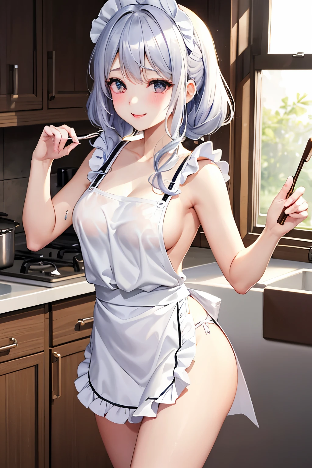 (((highest quality、first-class、masterpiece、Normal body、8k、Detailed face、Ultra-precision、Normal hand、Normal finger、5Finger、Highest)))、beautiful girl、Silver-white hair、Small breasts、Shortcuts、Naked Apron、Naked with an apron、Sleeveless Apron、Frill apron、kitchen、blush、Embarrassed、Shy smile、Embarrassing but fun、The back is naked、No underwear allowed、Wet and see-through
