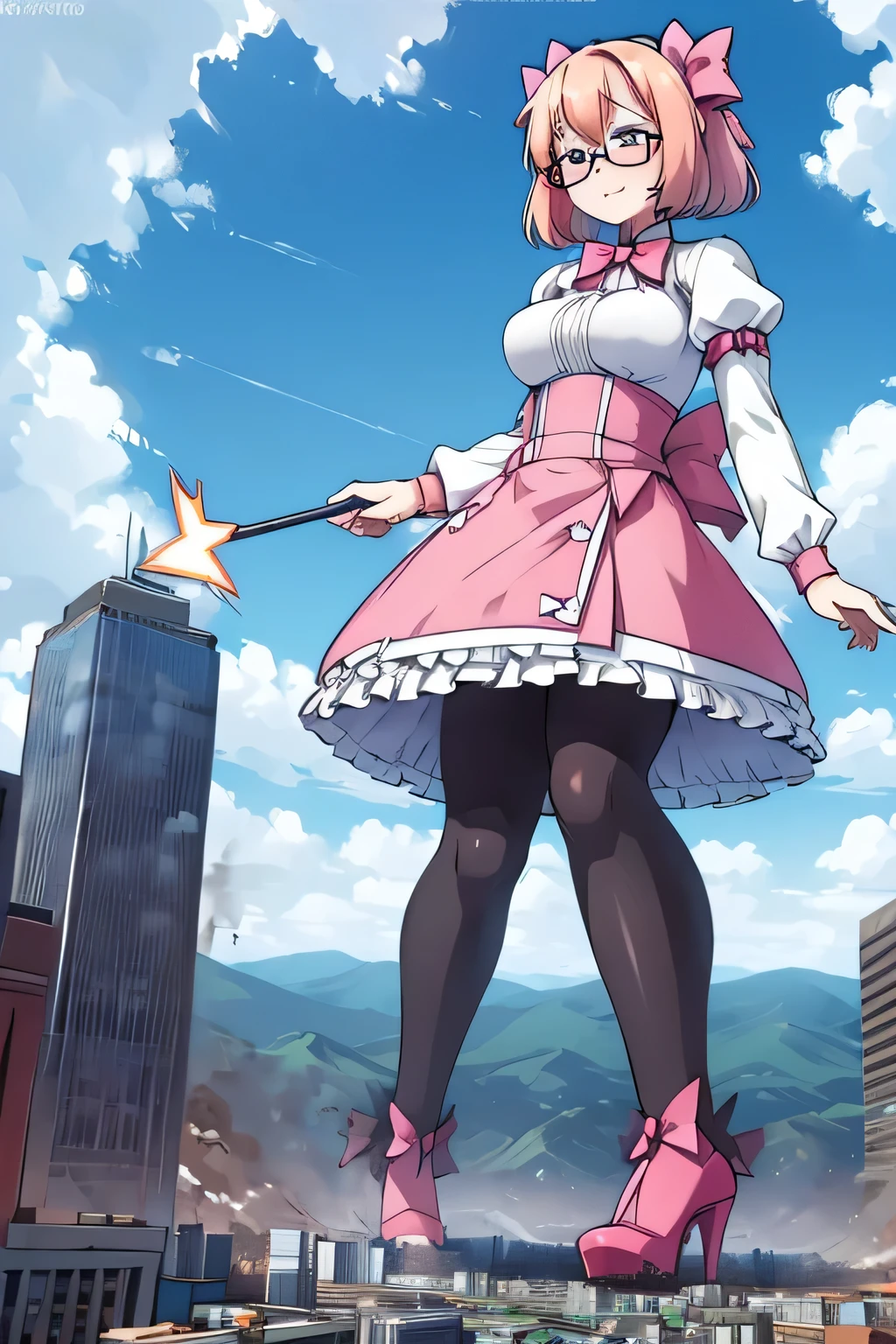 giantess art, highly detailed giantess shots, giantess, Two legs, Five fingers, short hair, A beautiful girl who is bigger than a skyscraper, Wearing rimless glasses, smile, Big Breasts, pink dress, bow, magical girl, magical wand, black pantyhose, pink stiletto heels, shoots lightning from the staff, Destroying cities, A very small big city, Miniature metropolis, Full body description, GTS, giga giantess, stomping city, crash city, tiny city, micro city, pantyhose feet, High resolution, highest quality, masterpiece, 