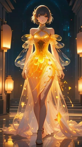 Charismatic, princess, flowers, glowing dress, walking to camera, war leader, dark background, broken glass on floor, lanterns