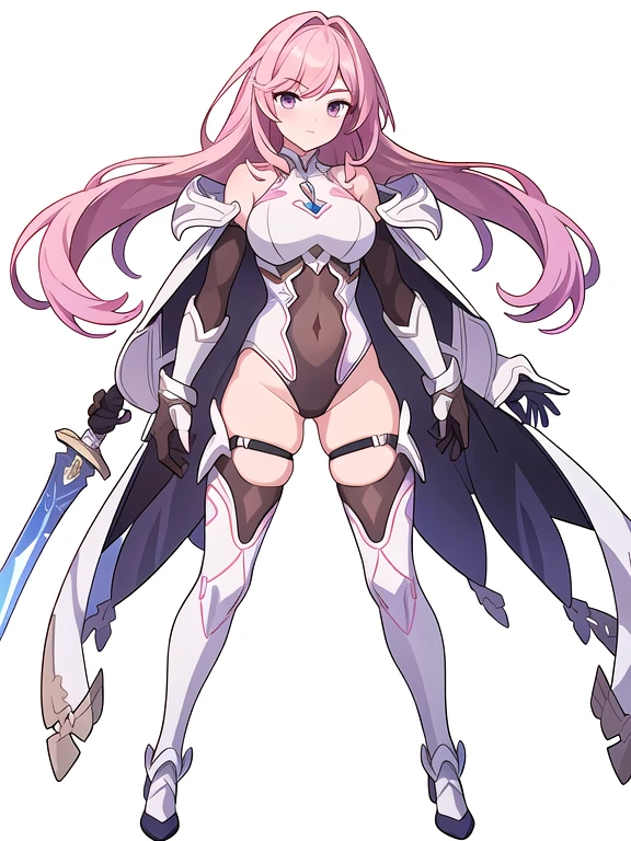 (((white background))), (((Best Quality))) , ((full body)), female, reference sheet, solo, white thigh high, gauntlets, leotard, body stocking, (cropped shoulders), sword, holding sword, gloves, stand posture, pink theme,
