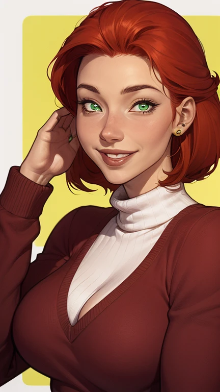 a close-up of a woman in a feminine sweater , linda mulher ruiva, cute young garota ruiva, she is redhead, mulher ruiva, uma jovem ruiva, Red head, decote, one is redhead, ruiva curta, sardas fofas, lindo sorriso sedutor, com cabelos ruivos e olhos verdes, linda e sorridente, sorrindo sedutoramente