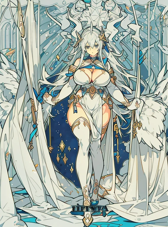 Extremely detailed，high resolution，Extremely detailed，Best quality，Astonishing，quality，Intricate details，Extremely detailed CG unified 8k wallpaper，Taro an angel，(Huge breasts)，Silver Hair，blue eyes，((((1 female)))),18 years old female，long hair(((Full breasts,)))(((Large Breasts))) (((Cleavage))),
