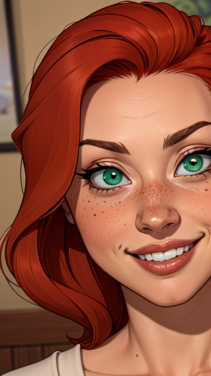 a close up of a woman with red hair smiling at the camera, she is redhead, uma jovem ruiva, cabelo ruivo with freckles, Eleanor Tomlinson, ela tem cabelo ruivo, linda e sorridente, flowing cabelo ruivo, pia sadie, linda mulher ruiva, garota ruiva, ela tem cabelo longo redoranjado, cabelo ruivo, com cabelos ruivos e olhos verdes