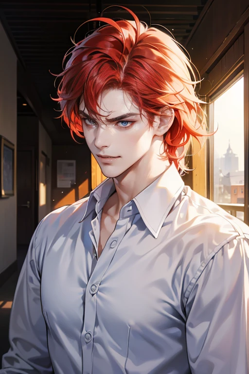 (tmasterpiece, high resolution, ultra - detailed:1.0), (1male, masculine face), Perfect male body, tall and strong, Adult male, 34 years, Delicate eyes and delicate face, Extremely detailed CG, Unity 8k wallpaper, Complicated details, Detailed face, (red hair, messy hair, serious faces, white shirts, CEO), (frown,evil smile:1.3), stad in school corridor, street style, color difference, Depth of field, dramatic shadow, Ray tracing, Best quality, Cinematic lighting, offcial art,Portrait