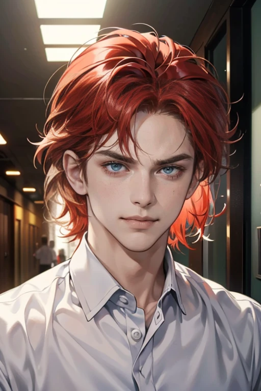 (tmasterpiece, high resolution, ultra - detailed:1.0), (1male, masculine face), Perfect male body, tall and strong, Adult male, 34 years, Delicate eyes and delicate face, Extremely detailed CG, Unity 8k wallpaper, Complicated details, Detailed face, (red hair, messy hair, serious faces, white shirts, CEO), (frown,evil smile:1.3), stad in school corridor, street style, color difference, Depth of field, dramatic shadow, Ray tracing, Best quality, Cinematic lighting, offcial art,Portrait