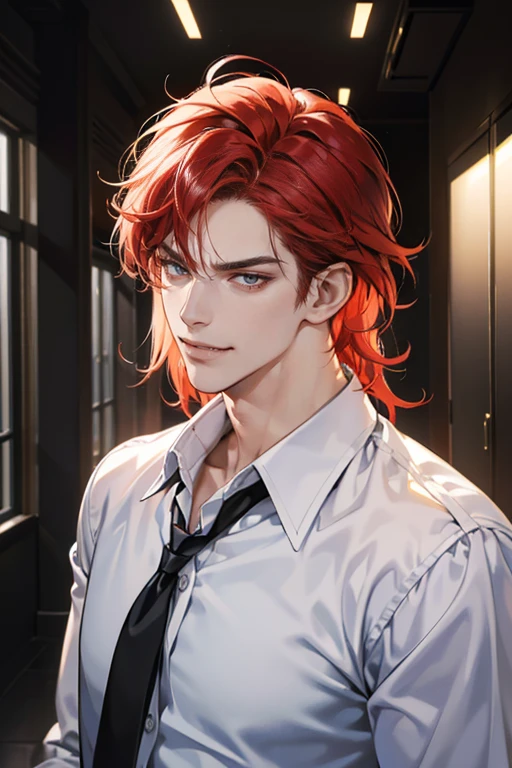 (tmasterpiece, high resolution, ultra - detailed:1.0), (1male, masculine face), Perfect male body, tall and strong, Adult male, 34 years, Delicate eyes and delicate face, Extremely detailed CG, Unity 8k wallpaper, Complicated details, Detailed face, (red hair, messy hair, serious faces, white shirts, CEO), (frown,evil smile:1.3), stad in school corridor, street style, color difference, Depth of field, dramatic shadow, Ray tracing, Best quality, Cinematic lighting, offcial art,Portrait