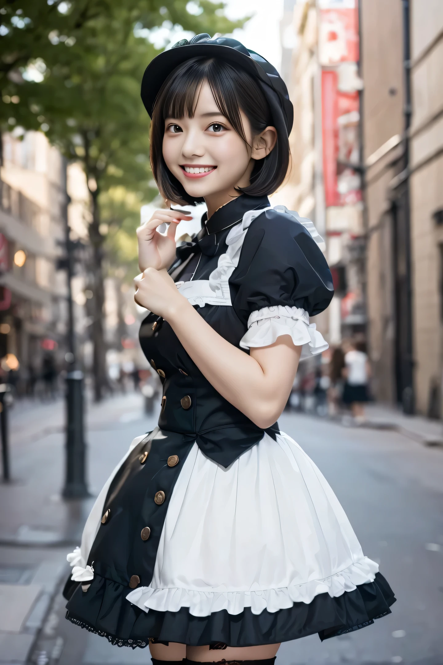 highest quality、In town、Full body of a woman、Cute face、Adult face、Smile、Short Hair、Black Hair、Lolita Fashion、Anatomically precise hands