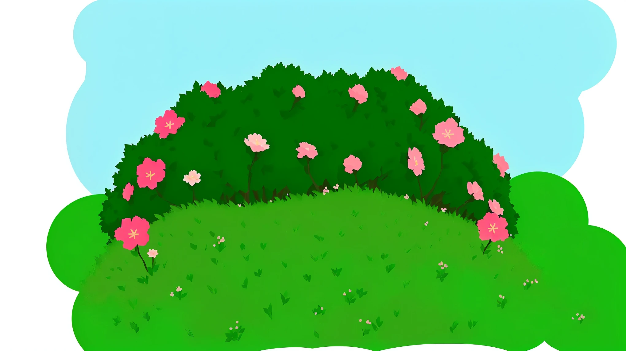 on a green hill there is a bush with pink flowers, Background , flowers,  floral environment, flowers, background lush vegetation, Flowers and foliage, Трава и flowers, park background, bushes and leaves, garden background, garden with flowers background, Dense bushes, bushes in the background, with soft bushes, picture, sky