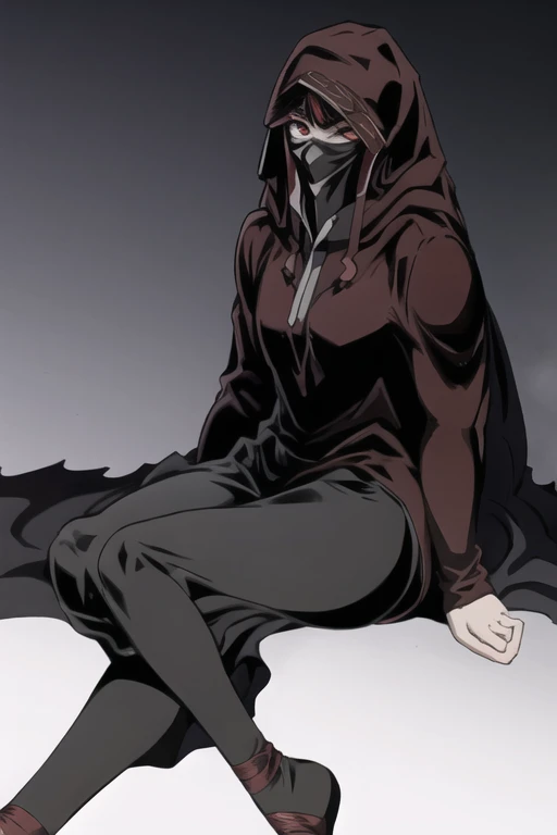No name assassin, red eyes, cloak, robe, long skirt, mask, hood, cape, sitting, best quality, masterpiece, 