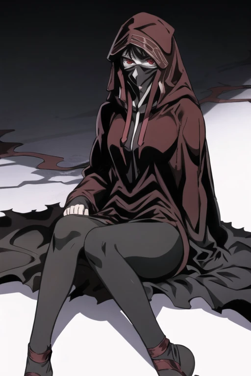 No name assassin, red eyes, cloak, robe, long skirt, mask, hood, cape, sitting, best quality, masterpiece,