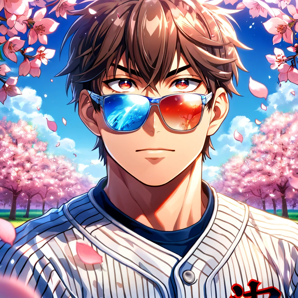 Ultra detailed, Highres, absurdres, HDR, Miyuki Kazuya, brown hair, expressive amber eyes, white beisbol uniform, sports glasses, Diamond No Ace, fantasy, petals, handsome, sexy man, solo, very detailed eyes and face, master piece, best quality, blossoms, summer, toned chest