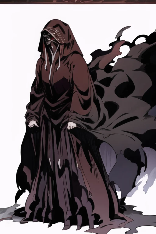 No name assassin, red eyes, cloak, robe, long skirt, mask, hood, cape, standing, full body, best quality, masterpiece,