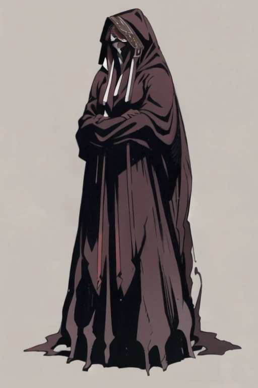 No name assassin, red eyes, cloak, robe, long skirt, mask, hood, cape, standing, full body, best quality, masterpiece, 