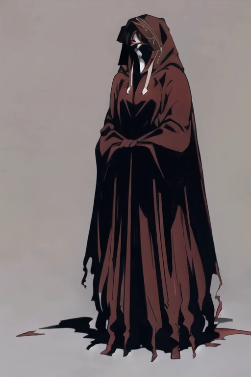 No name assassin, red eyes, cloak, robe, long skirt, mask, hood, cape, standing, full body, best quality, masterpiece,