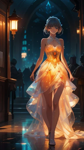 Charismatic, princess, flowers, glowing dress, walking to camera, dark background, broken glass on floor, lanterns, fantasy world