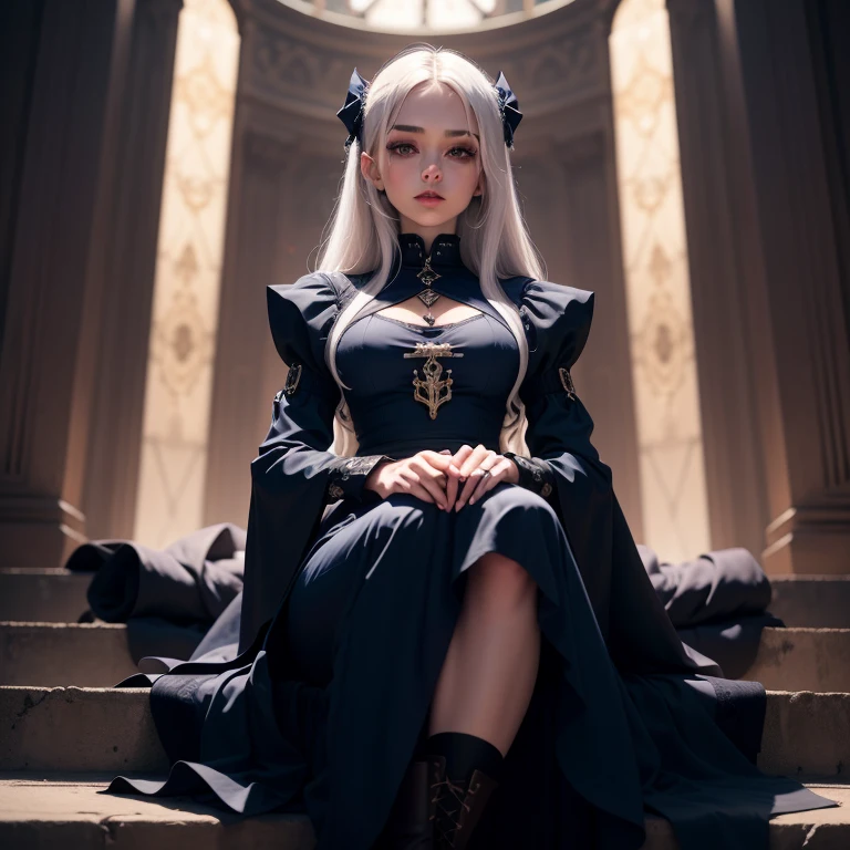 Imagine a 19 year old goth girl, Her skin is fair, almost pale; His eyes are blue in color, but it is a very striking dark navy blue, a boca dela deve ser delineada e com um tom vermelho sedutor, ela deve ter longos cabelos negros lisos, duas mechas desse cabelo devem cair sobre o rosto da garota, The girl is wearing a long medieval dress with long sleeves, A is wearing a pair of high boots, mostre ela de corpo inteiro, do it with high quality, 4K resolution