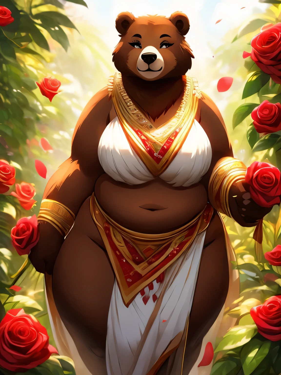 female, brown bear, goddess, fat, chubby, large breasts, wide hips, huge hips, skimpy white toga, rose garden, golden glow, rose petals, seductive expression, high quality eyes