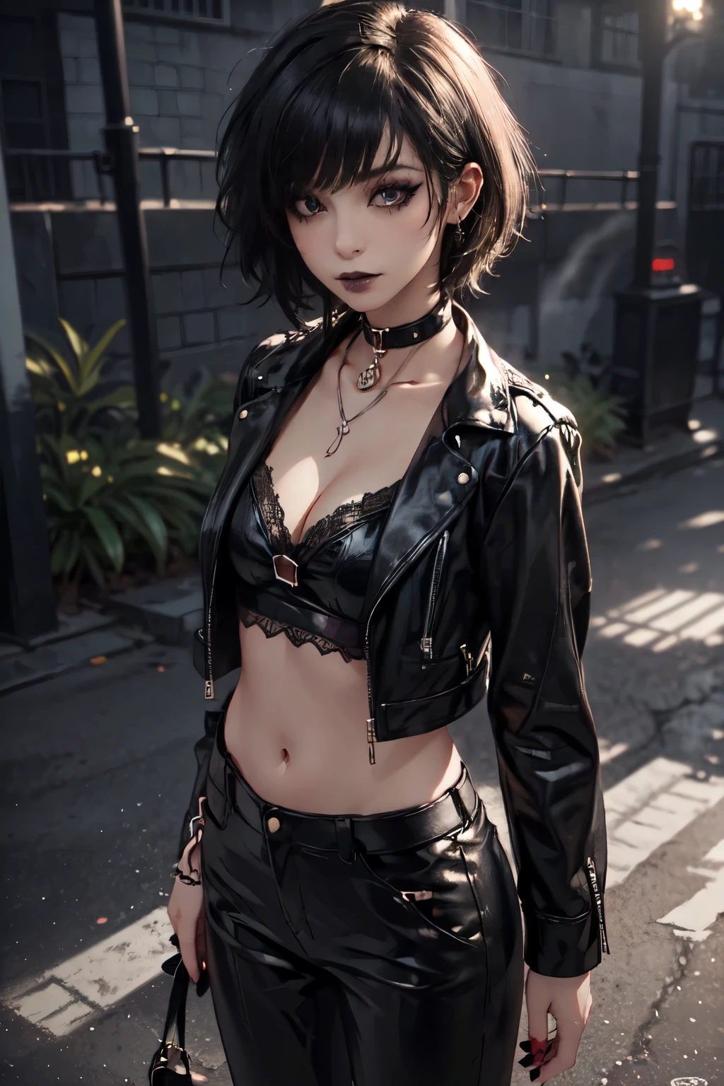 1Girl, woman, emo_hairstyle, black lipstick, dog collar, eyeliner, eye shadow, smoky eyes, realistic lighting, short hair, standing up, leather clothes, open clothes, cleavage.