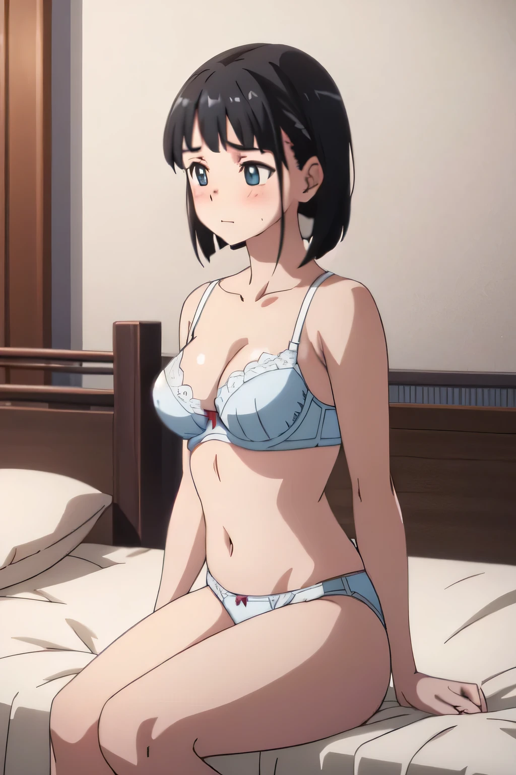 Very detailedな, Very detailed, 8k, A hyper-realistic portrait of Naoha Kirigaya, beautiful girl, Sit on the bed with your knees up, Spread your legs, Luminous effect, Detailed white bra and panties, whole body,Super detailed,Very high quality, Embarrassed,Blushing