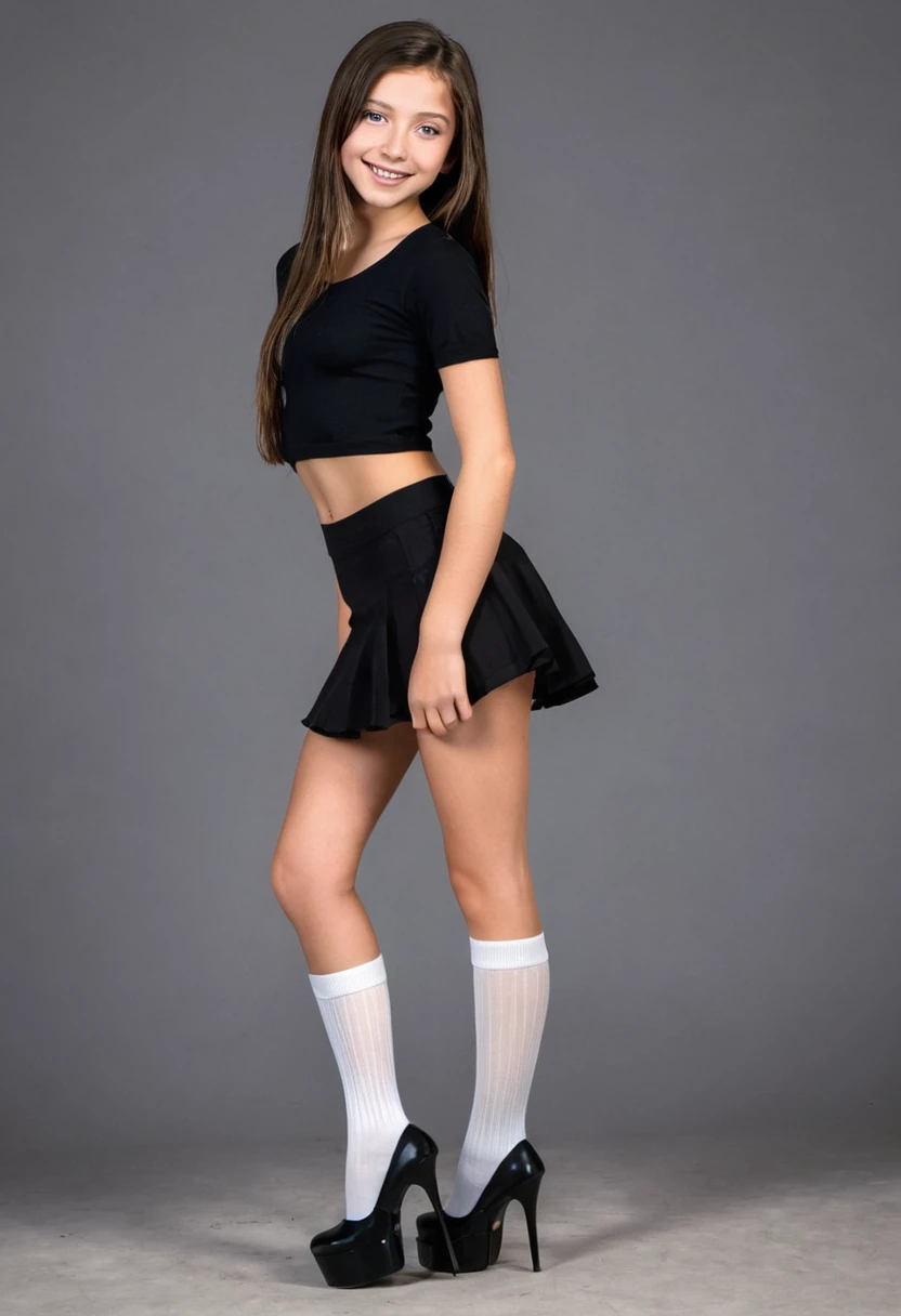 ( 1.5), European teen, brunette teen,Very sexy and seductive small black lingerie............................:1.2, toma frontal muy iluminado,de cuerpo entero,mirando a la camara, cinematic lighting, perfecto, luz tenue, high resolution skin:1.2, textura de piel realista, beautiful 14-year-oldirlmall e、sin maquillaje、, fuera de los hombros,busto copa b、small neckline, Blue eyes, pelo muy negro sobre mis hombros, Cabello negro oscuro, cuerpo completo,fondo neutro , mirando rando al objetivo y con una bonita y agradable sonrisa teen cute face, white skin, girl beautiful face, beautiful baby girl, medium Brs, Long Legs, fitness body, (sexy school girl outfit 1.5), naked torso, (black Tiny mini Skirt 1.5), (show legs and thighs), black platform straps high heels, white knee high socks, Slim sexy long legs, modeling, Full Body lust, sexy Slim body, (sexy all fours 1.5), (spread legs towards viewer 1.5), ass and thighs showing, New York, United States, ray tracing, HDR