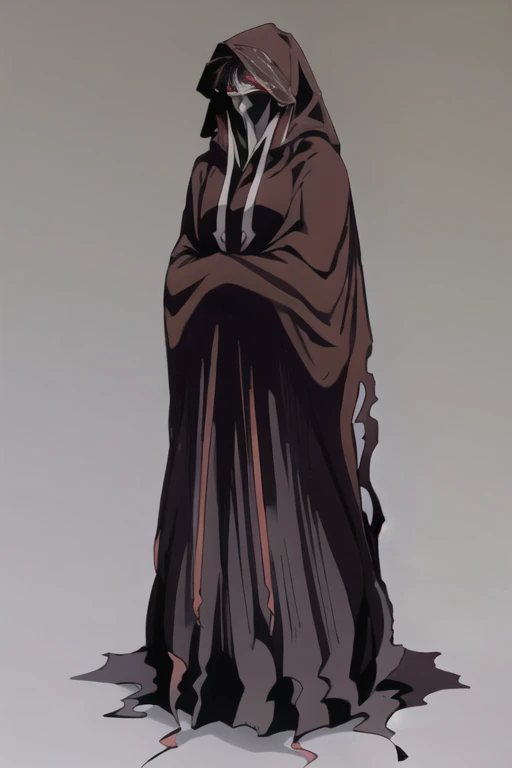 No name assassin, red eyes, cloak, robe, long skirt, mask, hood, cape, standing, full body, best quality, masterpiece,