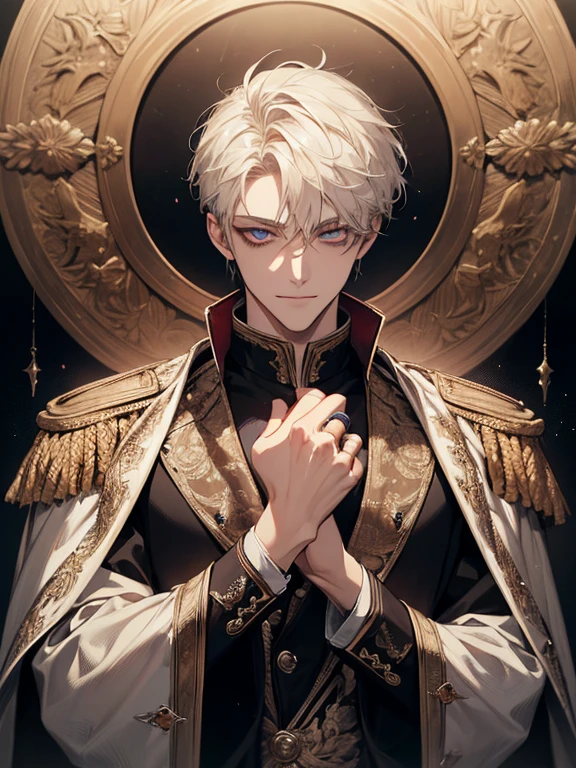 (absurdres, highres, ultra detailed), 1 male, adult, handsome, finely detailed eyes and detailed face, Emperor,, ring in background, Visual art, Occult, Universal, Vision casting, Philosophical, Iconography, Numerology, Popularity, Artistic, short hair, smile, calm expression, half shot