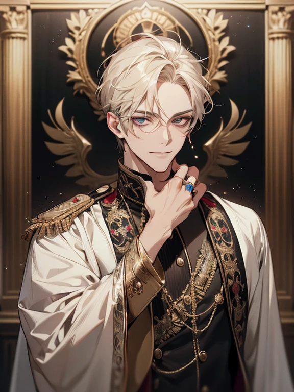 (absurdres, highres, ultra detailed), 1 male, adult, handsome, finely detailed eyes and detailed face, Emperor,, ring in background, Visual art, Occult, Universal, Vision casting, Philosophical, Iconography, Numerology, Popularity, Artistic, short hair, smile, calm expression, half shot